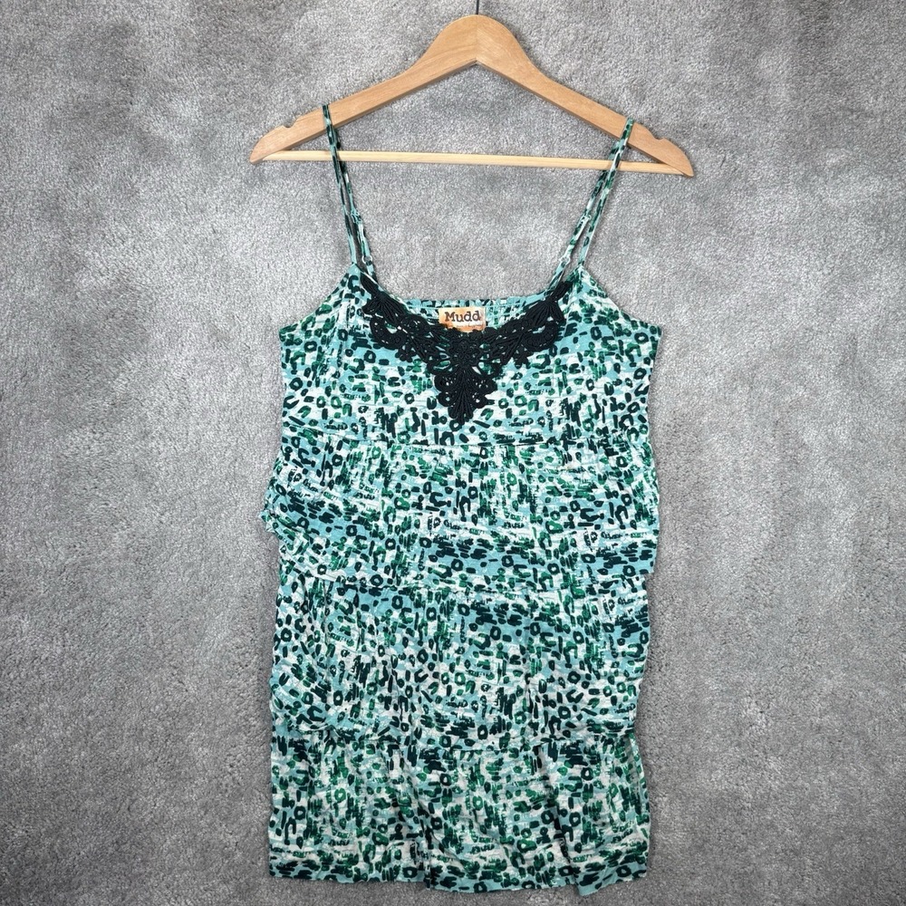 Mudd Cami Tank Top Womens M Green Abstract Print Crochet Lace Smocked Boho Y2K